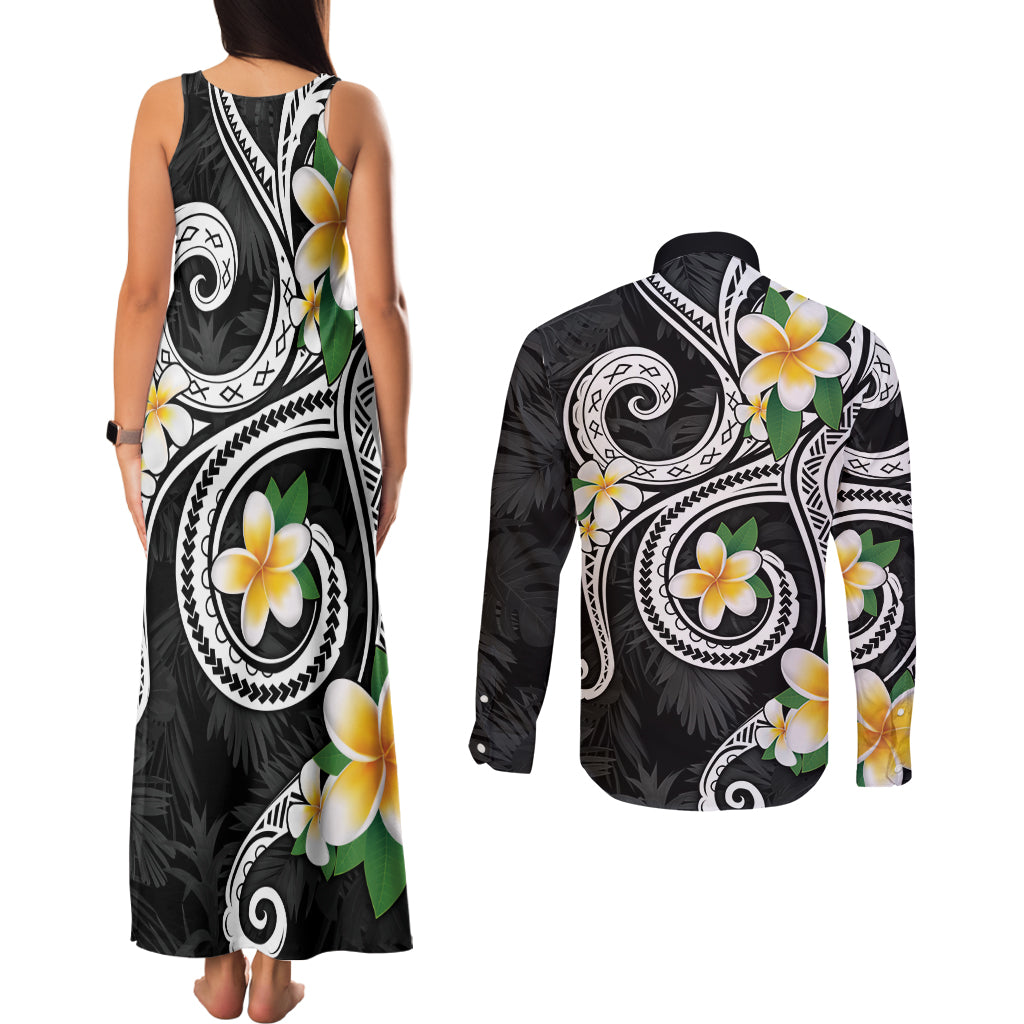 Kanaka Maoli Hawaii Plumeria Couples Matching Tank Maxi Dress and Long Sleeve Button Shirt Dancing Tentacles Black Style