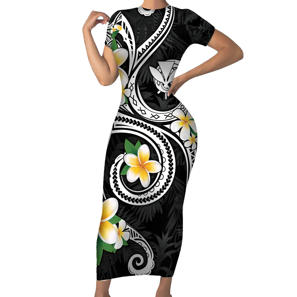 Kanaka Maoli Hawaii Plumeria Family Matching Short Sleeve Bodycon Dress and Hawaiian Shirt Dancing Tentacles Black Style