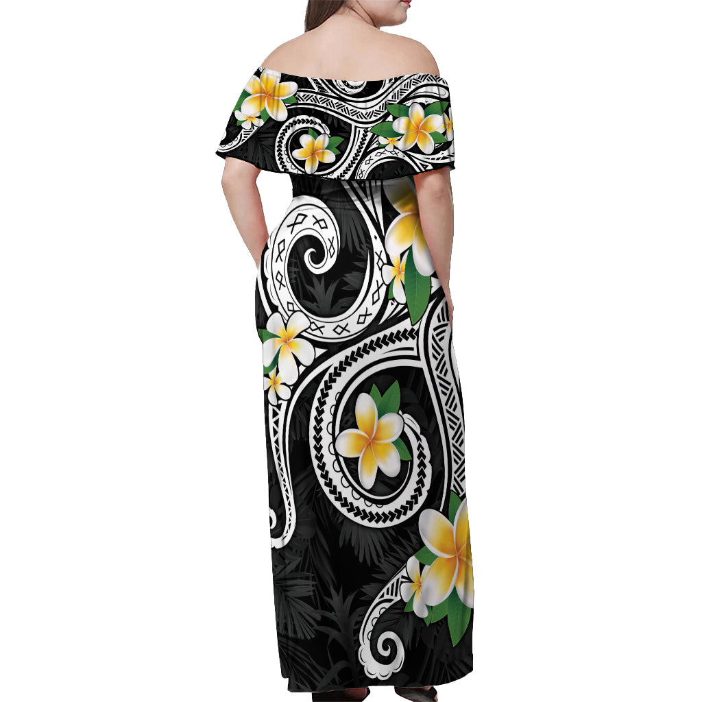 Kanaka Maoli Hawaii Plumeria Off Shoulder Maxi Dress Dancing Tentacles Black Style