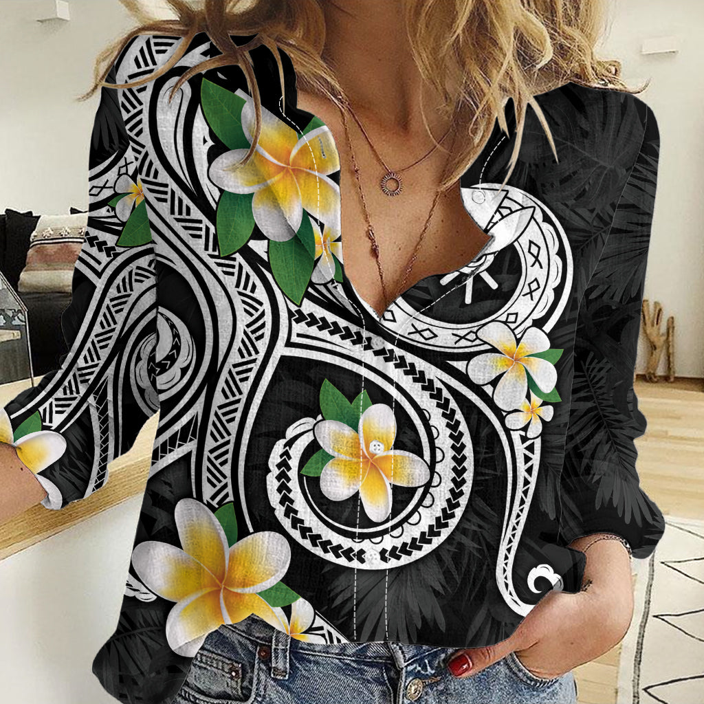 Kanaka Maoli Hawaii Plumeria Women Casual Shirt Dancing Tentacles Black Style