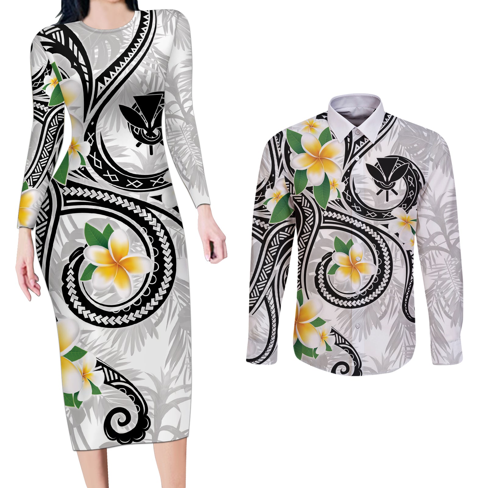 Kanaka Maoli Hawaii Plumeria Couples Matching Long Sleeve Bodycon Dress and Long Sleeve Button Shirt Dancing Tentacles White Style