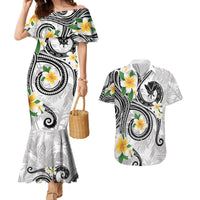Kanaka Maoli Hawaii Plumeria Couples Matching Mermaid Dress and Hawaiian Shirt Dancing Tentacles White Style
