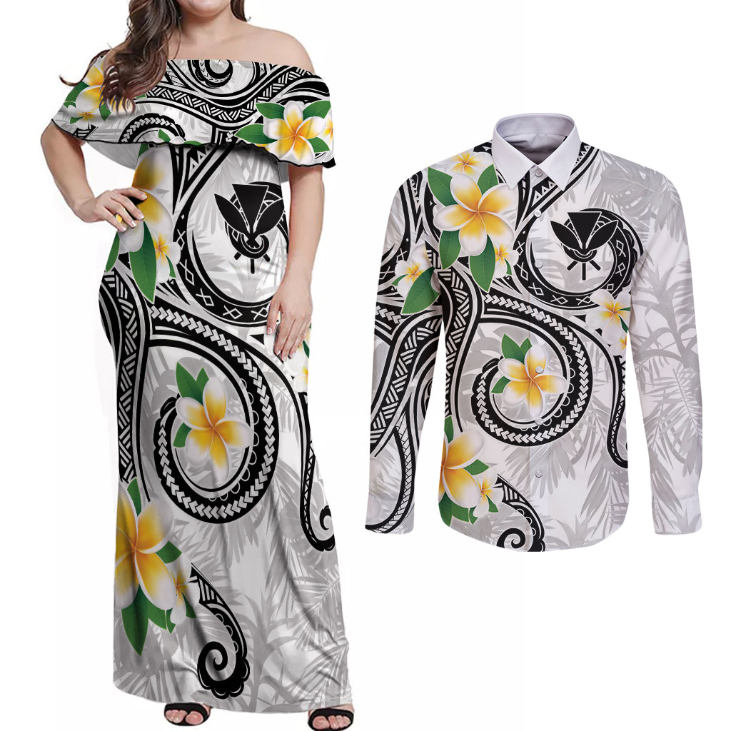 Kanaka Maoli Hawaii Plumeria Couples Matching Off Shoulder Maxi Dress and Long Sleeve Button Shirt Dancing Tentacles White Style