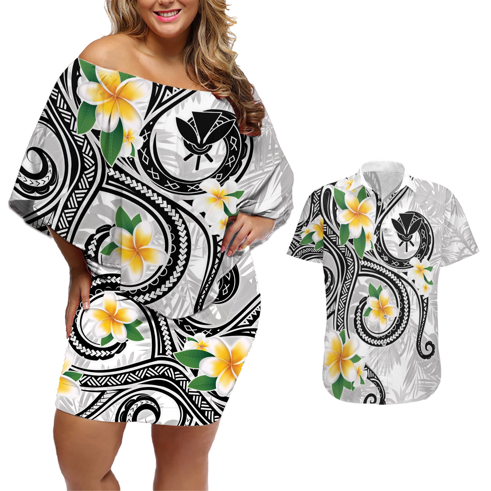 Kanaka Maoli Hawaii Plumeria Couples Matching Off Shoulder Short Dress and Hawaiian Shirt Dancing Tentacles White Style