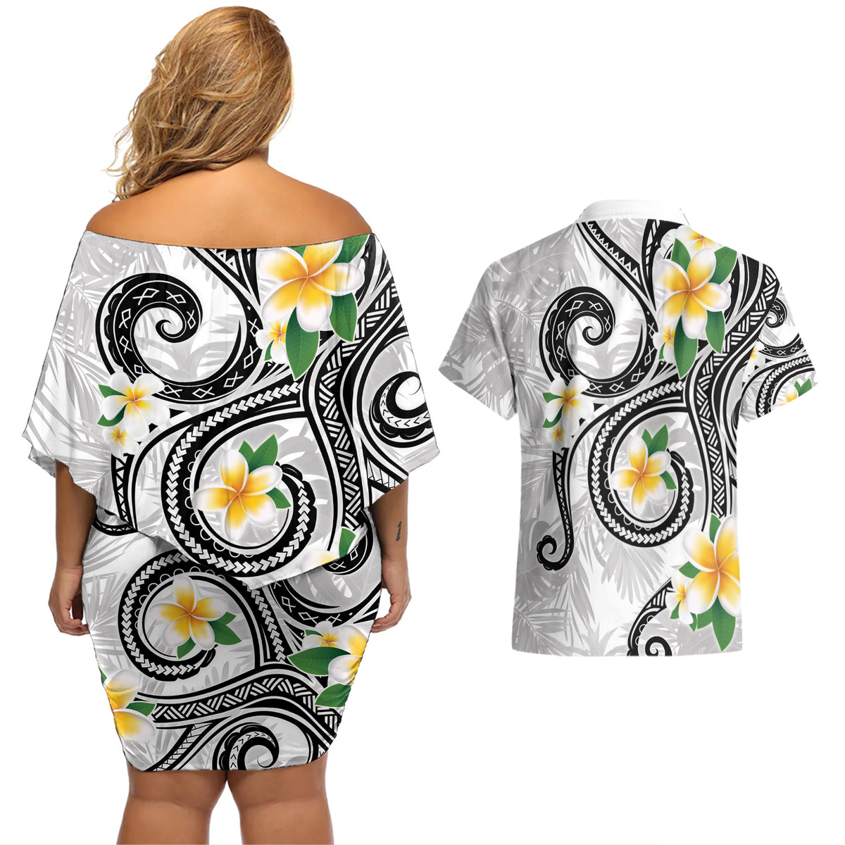 Kanaka Maoli Hawaii Plumeria Couples Matching Off Shoulder Short Dress and Hawaiian Shirt Dancing Tentacles White Style