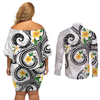 Kanaka Maoli Hawaii Plumeria Couples Matching Off Shoulder Short Dress and Long Sleeve Button Shirt Dancing Tentacles White Style
