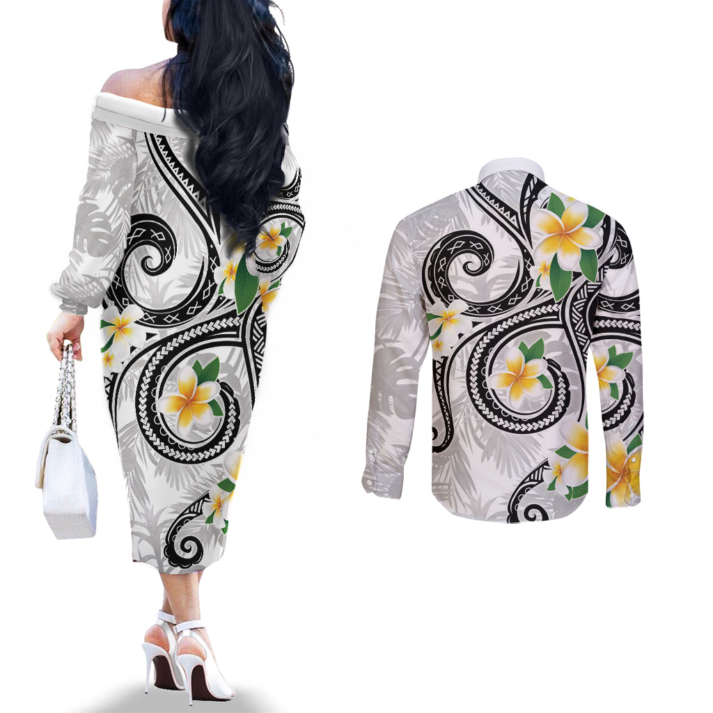 Kanaka Maoli Hawaii Plumeria Couples Matching Off The Shoulder Long Sleeve Dress and Long Sleeve Button Shirt Dancing Tentacles White Style