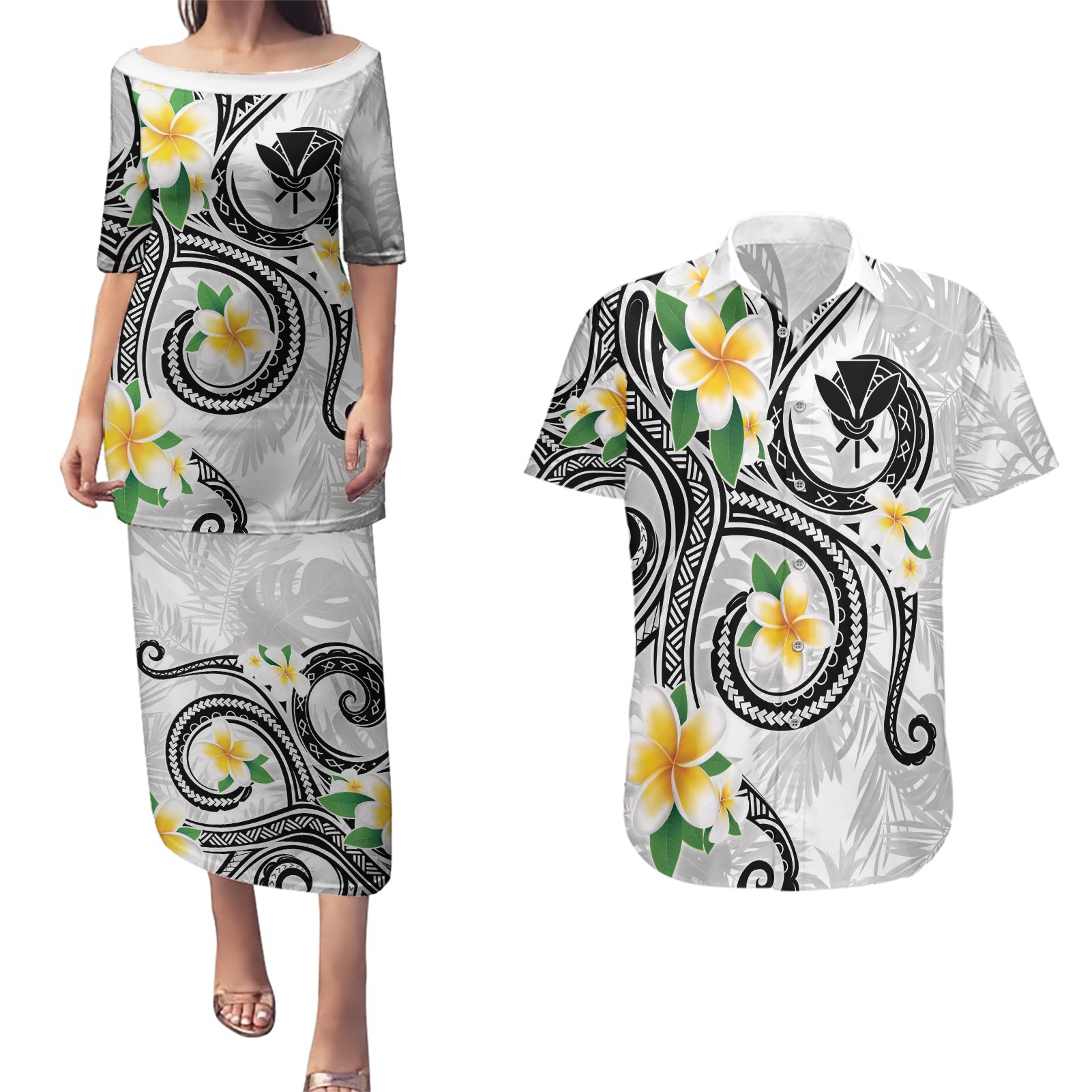 Kanaka Maoli Hawaii Plumeria Couples Matching Puletasi and Hawaiian Shirt Dancing Tentacles White Style