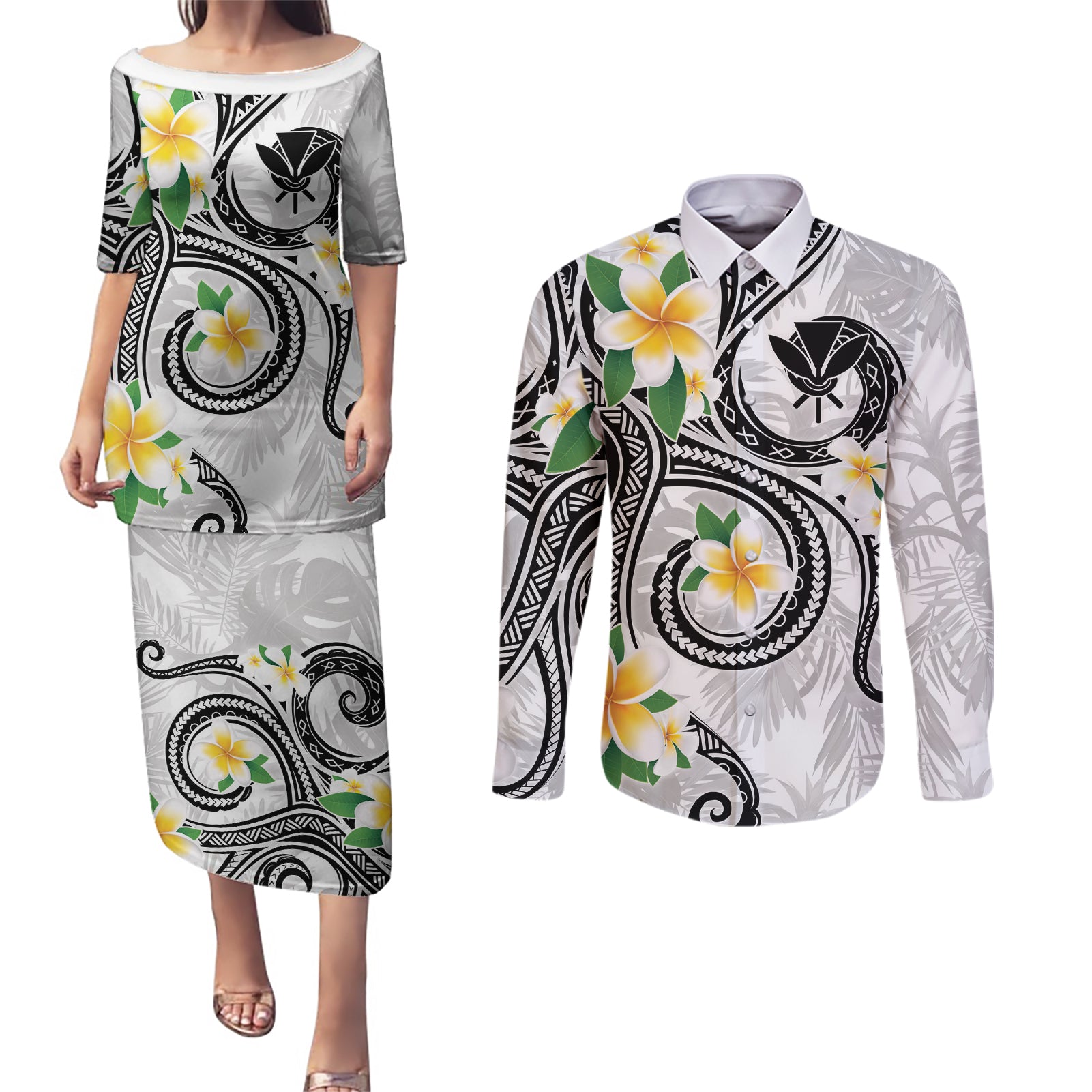 Kanaka Maoli Hawaii Plumeria Couples Matching Puletasi and Long Sleeve Button Shirt Dancing Tentacles White Style