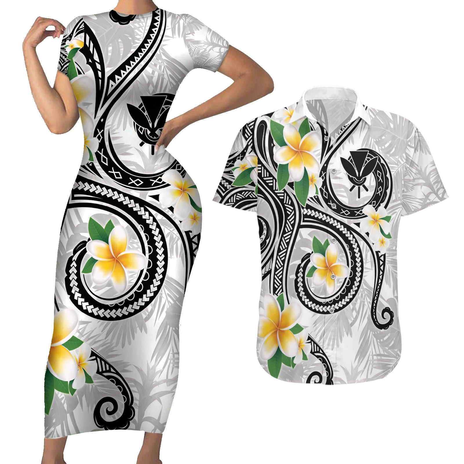 Kanaka Maoli Hawaii Plumeria Couples Matching Short Sleeve Bodycon Dress and Hawaiian Shirt Dancing Tentacles White Style