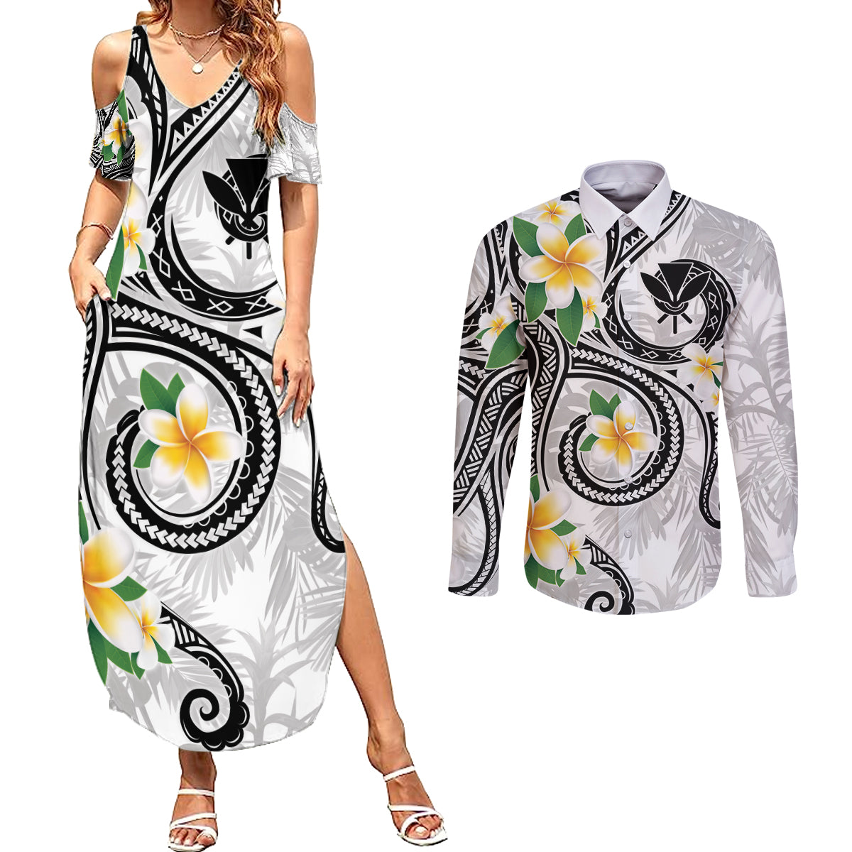Kanaka Maoli Hawaii Plumeria Couples Matching Summer Maxi Dress and Long Sleeve Button Shirt Dancing Tentacles White Style