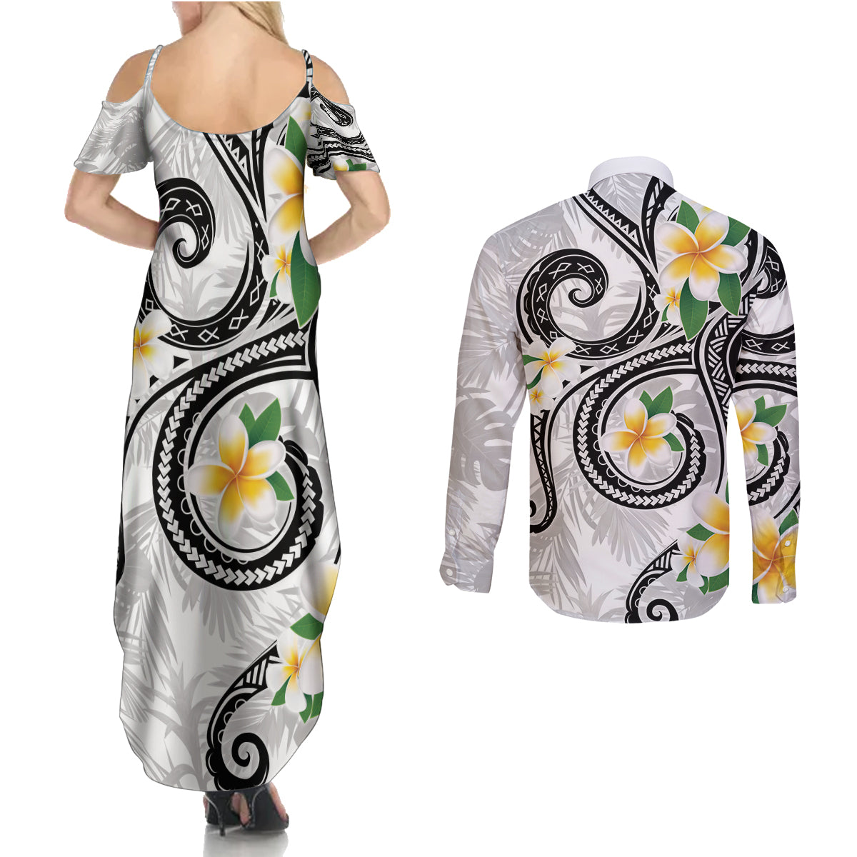 Kanaka Maoli Hawaii Plumeria Couples Matching Summer Maxi Dress and Long Sleeve Button Shirt Dancing Tentacles White Style