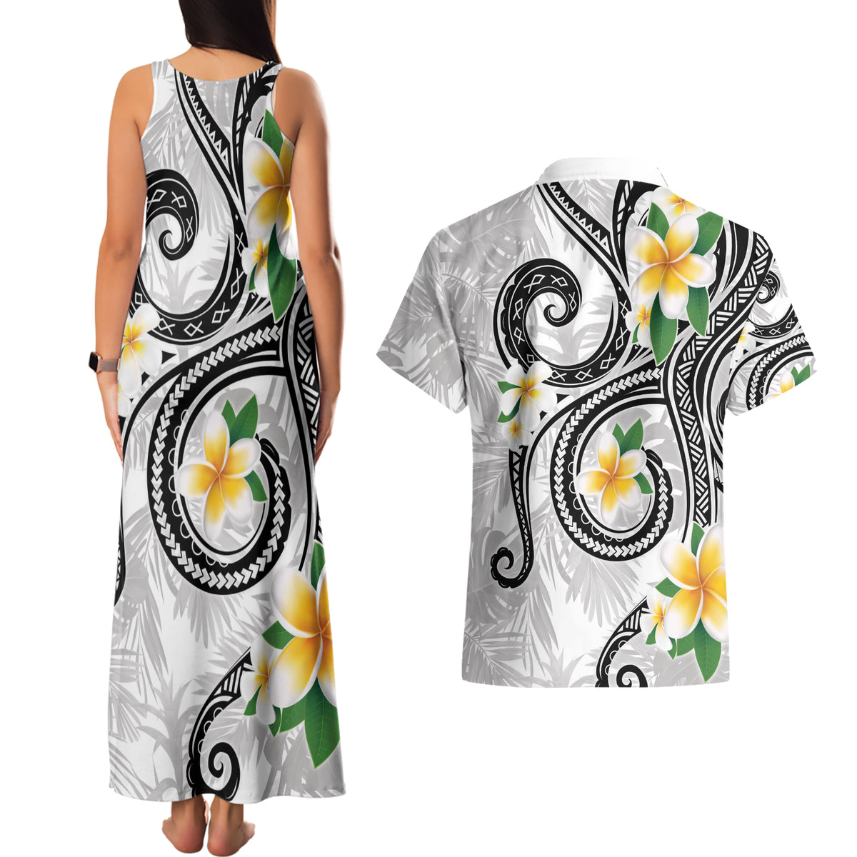 Kanaka Maoli Hawaii Plumeria Couples Matching Tank Maxi Dress and Hawaiian Shirt Dancing Tentacles White Style
