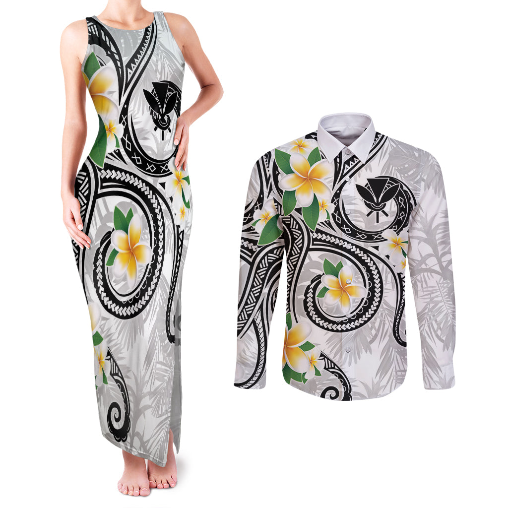 Kanaka Maoli Hawaii Plumeria Couples Matching Tank Maxi Dress and Long Sleeve Button Shirt Dancing Tentacles White Style