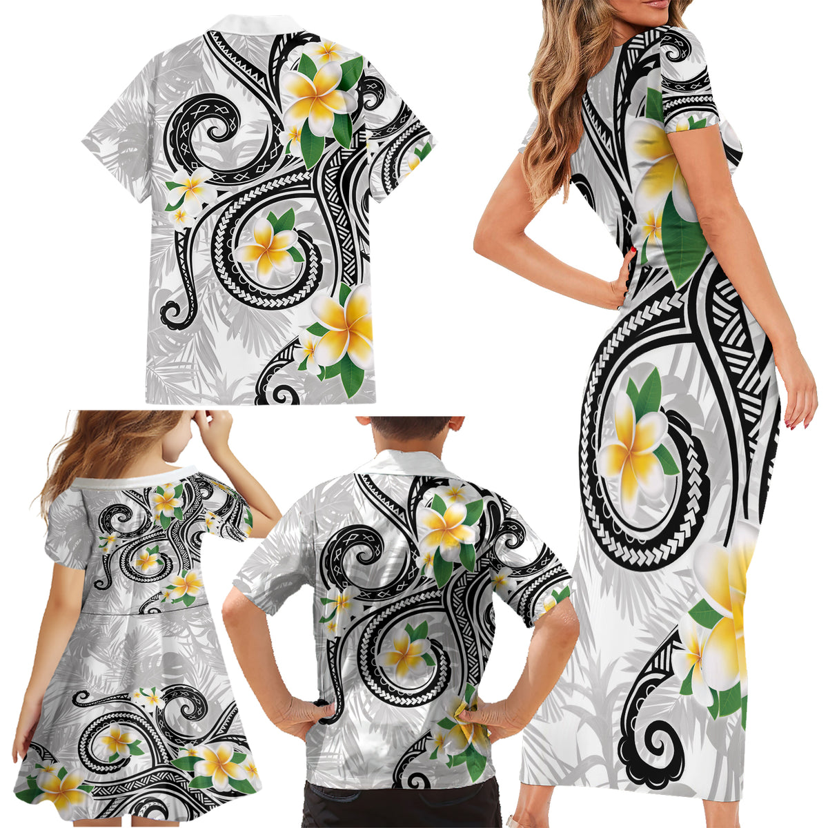 Kanaka Maoli Hawaii Plumeria Family Matching Short Sleeve Bodycon Dress and Hawaiian Shirt Dancing Tentacles White Style