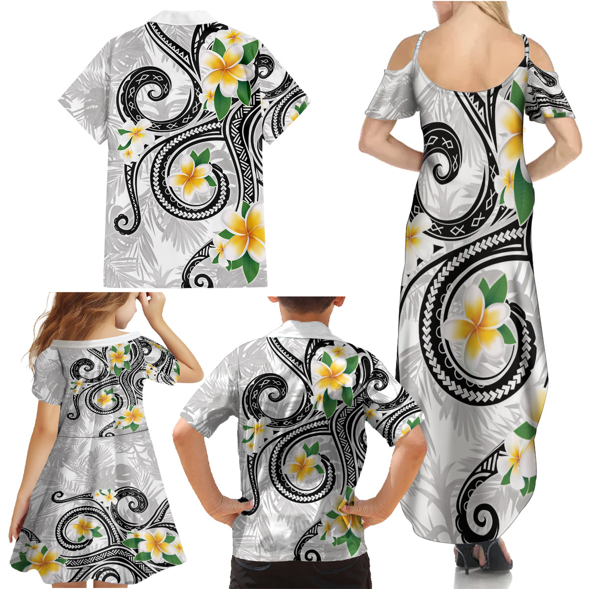 Kanaka Maoli Hawaii Plumeria Family Matching Summer Maxi Dress and Hawaiian Shirt Dancing Tentacles White Style