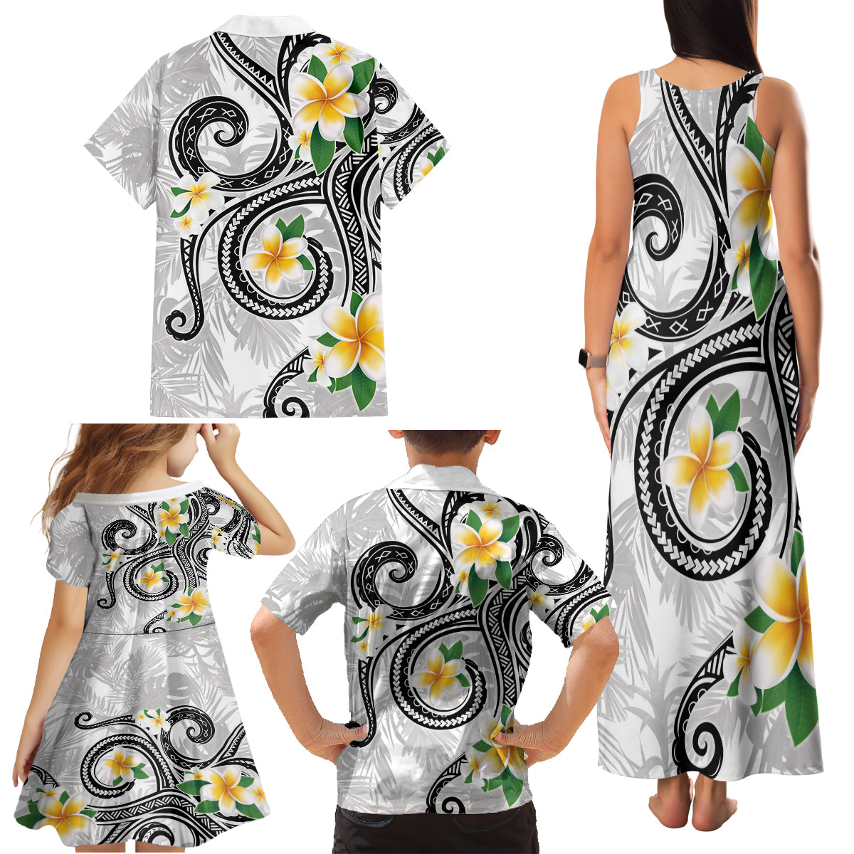 Kanaka Maoli Hawaii Plumeria Family Matching Tank Maxi Dress and Hawaiian Shirt Dancing Tentacles White Style