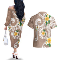 Kanaka Maoli Hawaii Plumeria Couples Matching Off The Shoulder Long Sleeve Dress and Hawaiian Shirt Dancing Tentacles Beige Style