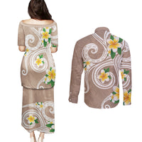 Kanaka Maoli Hawaii Plumeria Couples Matching Puletasi and Long Sleeve Button Shirt Dancing Tentacles Beige Style