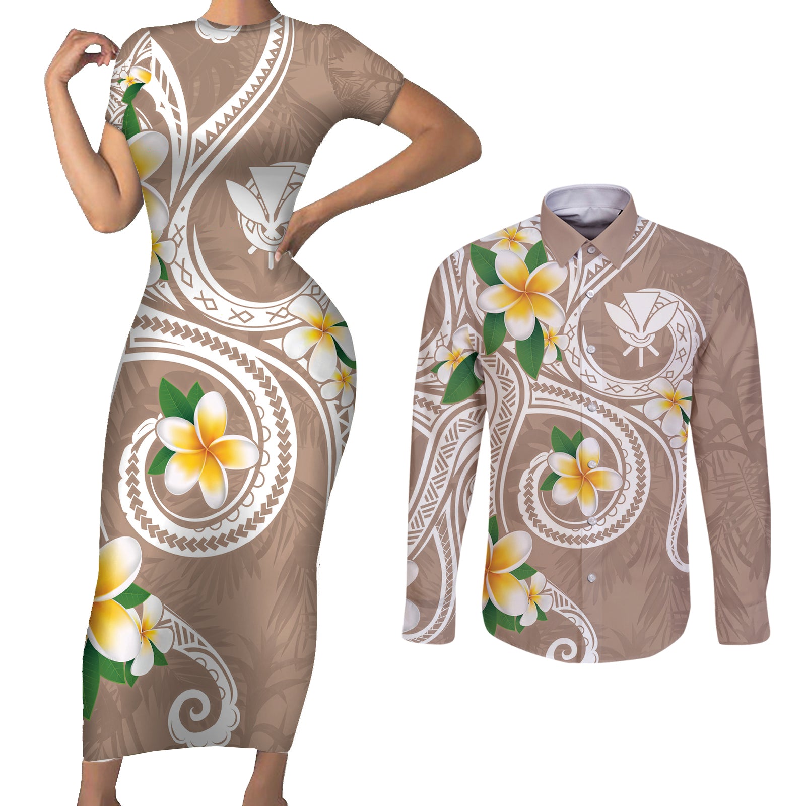 Kanaka Maoli Hawaii Plumeria Couples Matching Short Sleeve Bodycon Dress and Long Sleeve Button Shirt Dancing Tentacles Beige Style