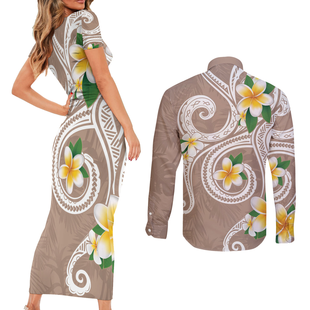 Kanaka Maoli Hawaii Plumeria Couples Matching Short Sleeve Bodycon Dress and Long Sleeve Button Shirt Dancing Tentacles Beige Style
