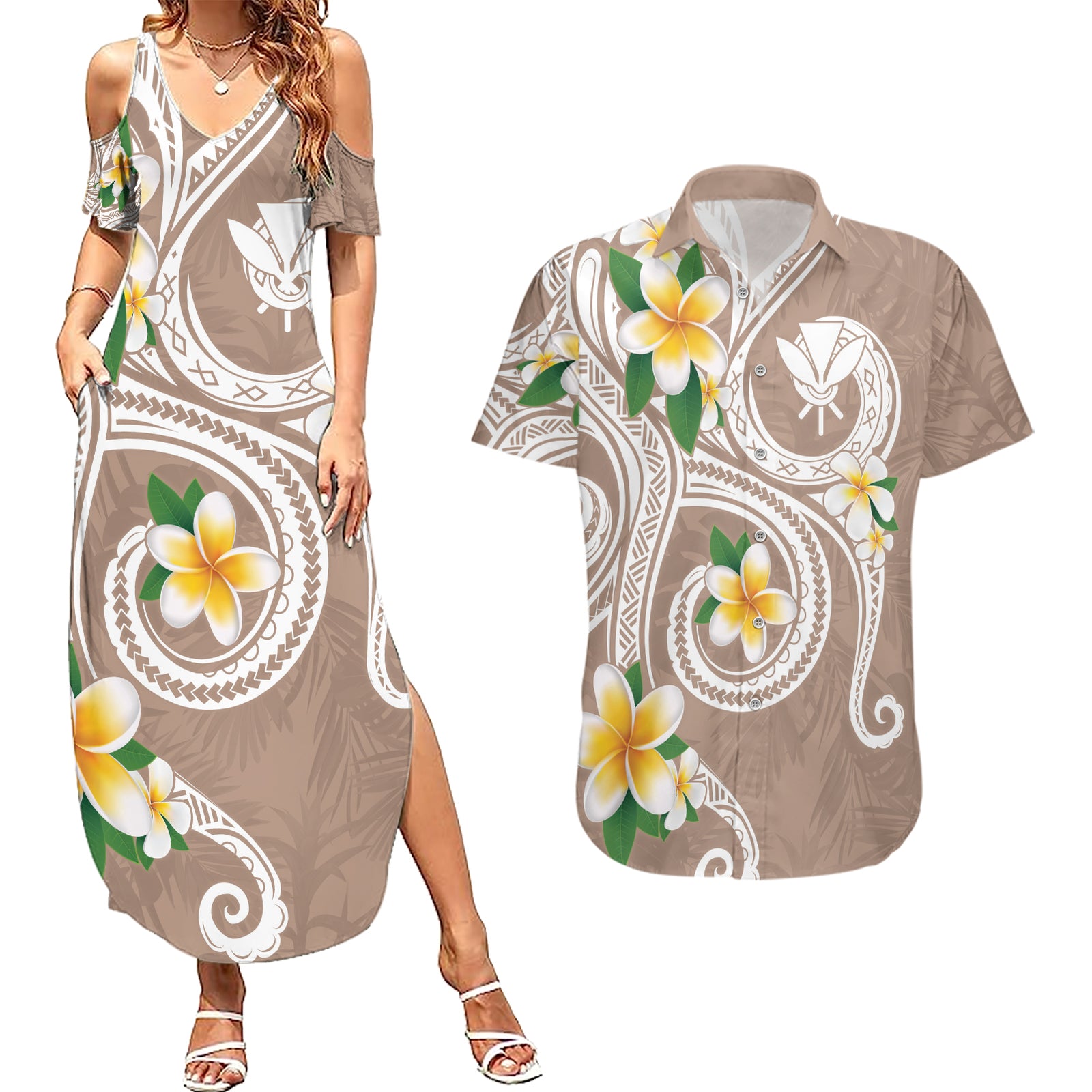 Kanaka Maoli Hawaii Plumeria Couples Matching Summer Maxi Dress and Hawaiian Shirt Dancing Tentacles Beige Style