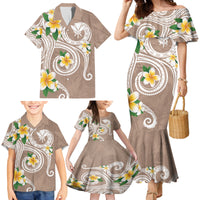 Kanaka Maoli Hawaii Plumeria Family Matching Mermaid Dress and Hawaiian Shirt Dancing Tentacles Beige Style