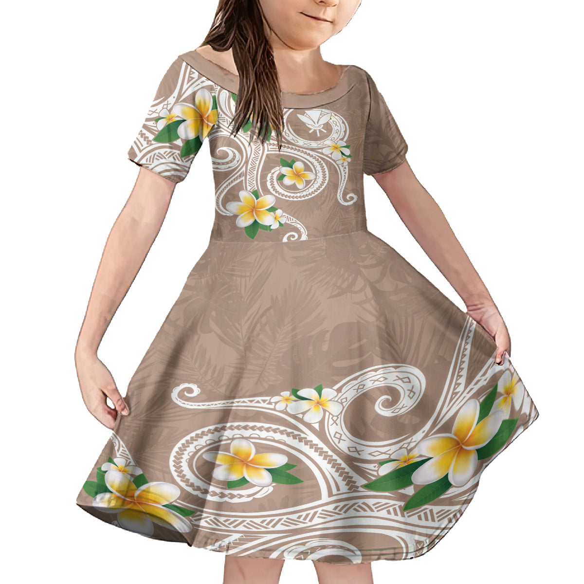 Kanaka Maoli Hawaii Plumeria Family Matching Off Shoulder Short Dress and Hawaiian Shirt Dancing Tentacles Beige Style