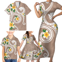 Kanaka Maoli Hawaii Plumeria Family Matching Short Sleeve Bodycon Dress and Hawaiian Shirt Dancing Tentacles Beige Style