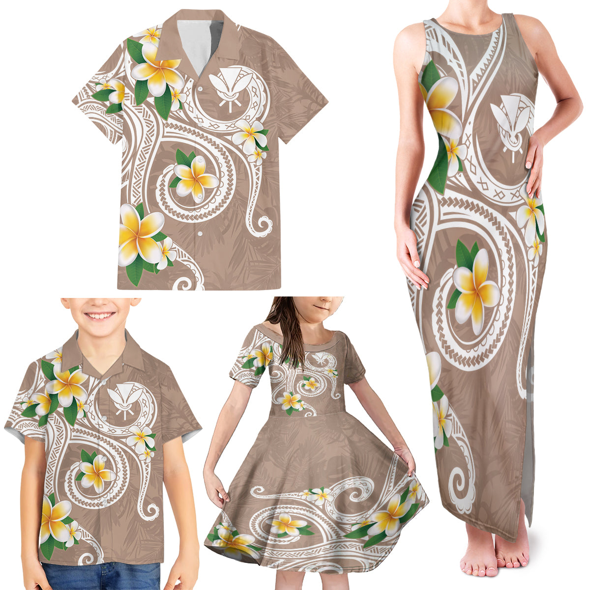 Kanaka Maoli Hawaii Plumeria Family Matching Tank Maxi Dress and Hawaiian Shirt Dancing Tentacles Beige Style