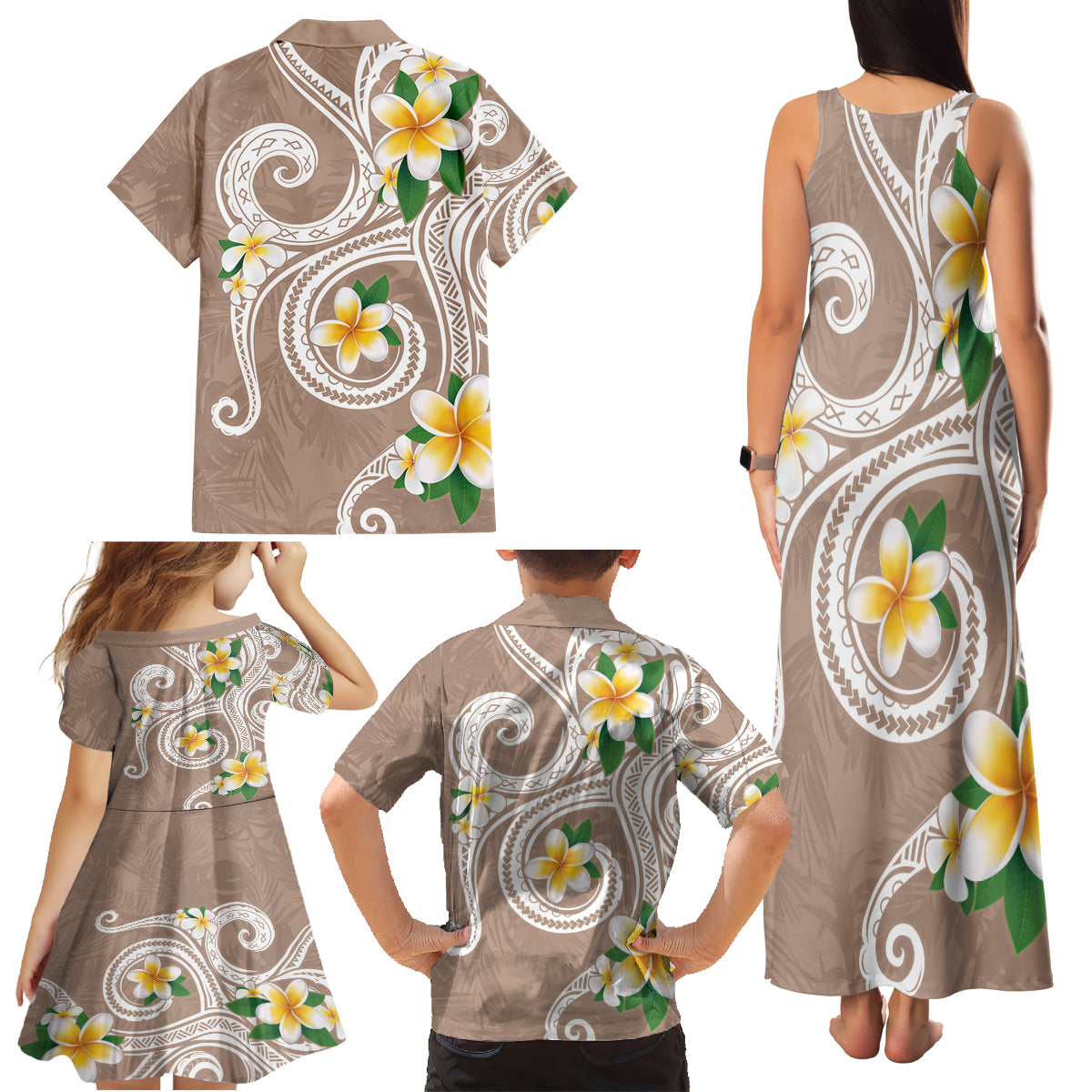 Kanaka Maoli Hawaii Plumeria Family Matching Tank Maxi Dress and Hawaiian Shirt Dancing Tentacles Beige Style
