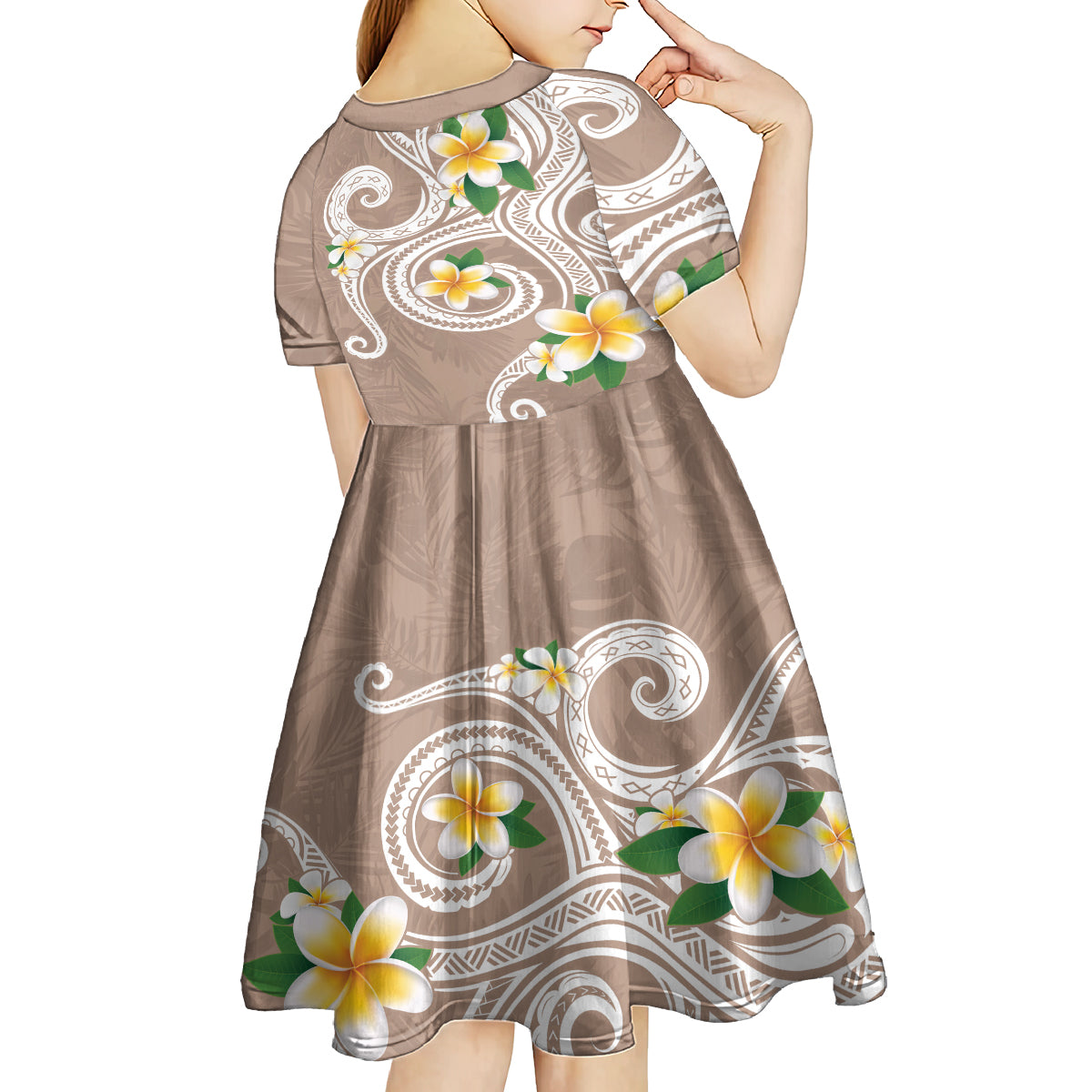 Kanaka Maoli Hawaii Plumeria Kid Short Sleeve Dress Dancing Tentacles Beige Style