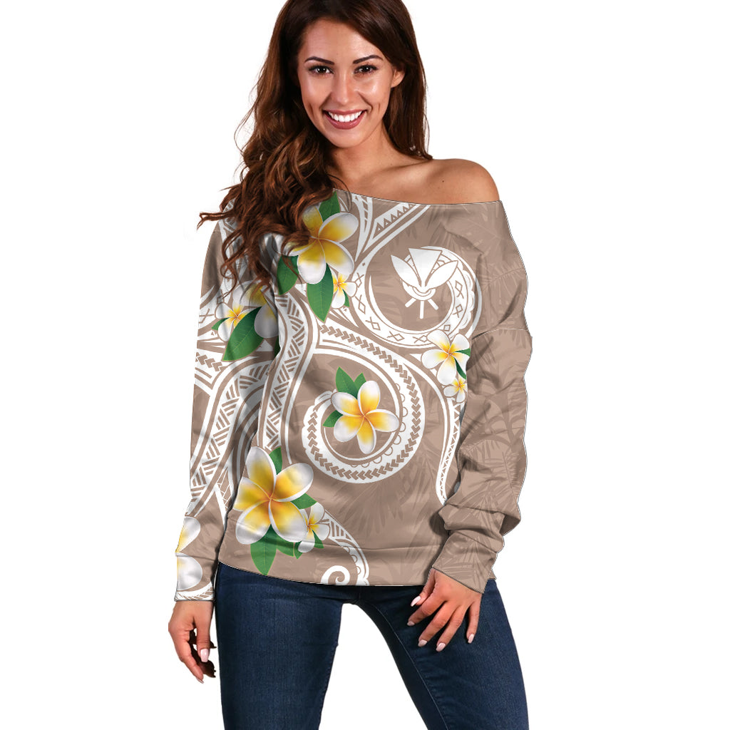 Kanaka Maoli Hawaii Plumeria Off Shoulder Sweater Dancing Tentacles Beige Style