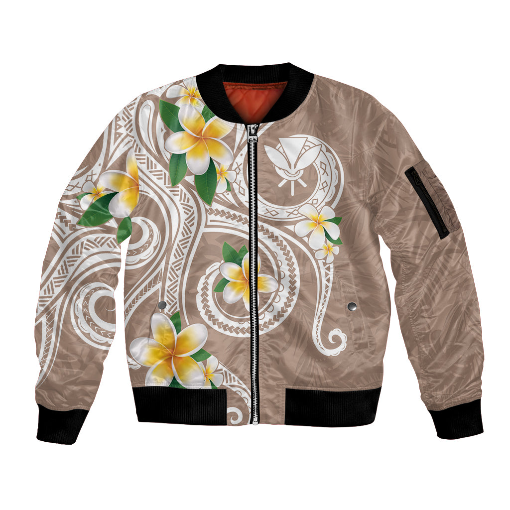 Kanaka Maoli Hawaii Plumeria Sleeve Zip Bomber Jacket Dancing Tentacles Beige Style