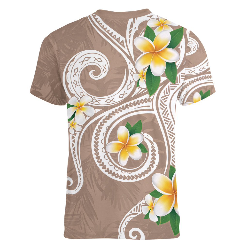 Kanaka Maoli Hawaii Plumeria Women V-Neck T-Shirt Dancing Tentacles Beige Style