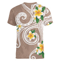 Kanaka Maoli Hawaii Plumeria Women V-Neck T-Shirt Dancing Tentacles Beige Style