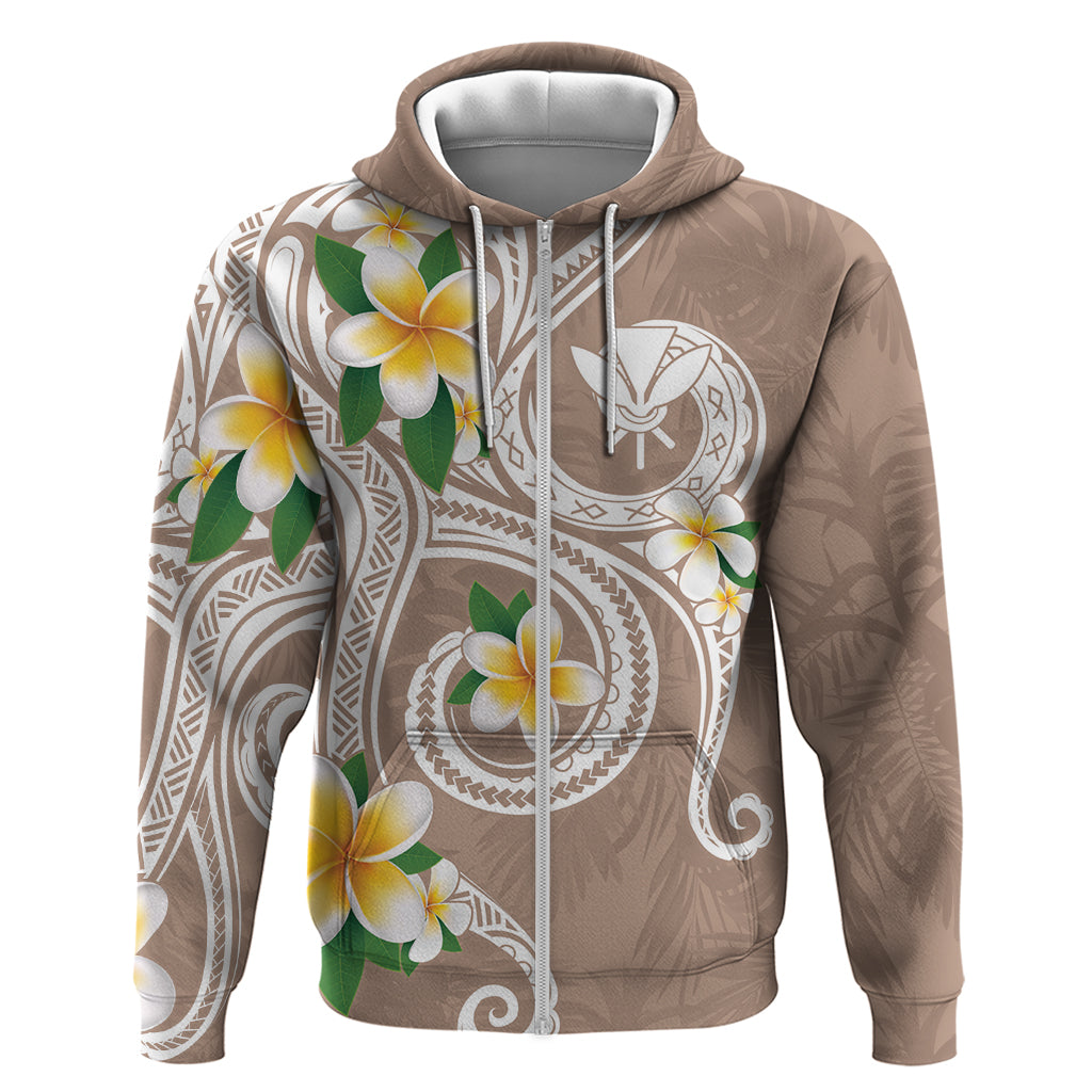 Kanaka Maoli Hawaii Plumeria Zip Hoodie Dancing Tentacles Beige Style