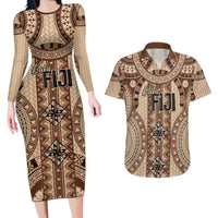 Bula Fiji Vintage Couples Matching Long Sleeve Bodycon Dress and Hawaiian Shirt Brown Masi Motifs