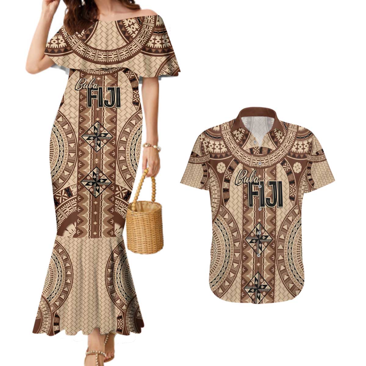 Bula Fiji Vintage Couples Matching Mermaid Dress and Hawaiian Shirt Brown Masi Motifs
