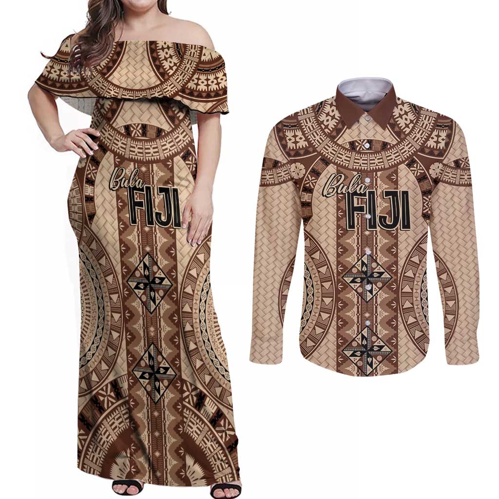 Bula Fiji Vintage Couples Matching Off Shoulder Maxi Dress and Long Sleeve Button Shirt Brown Masi Motifs