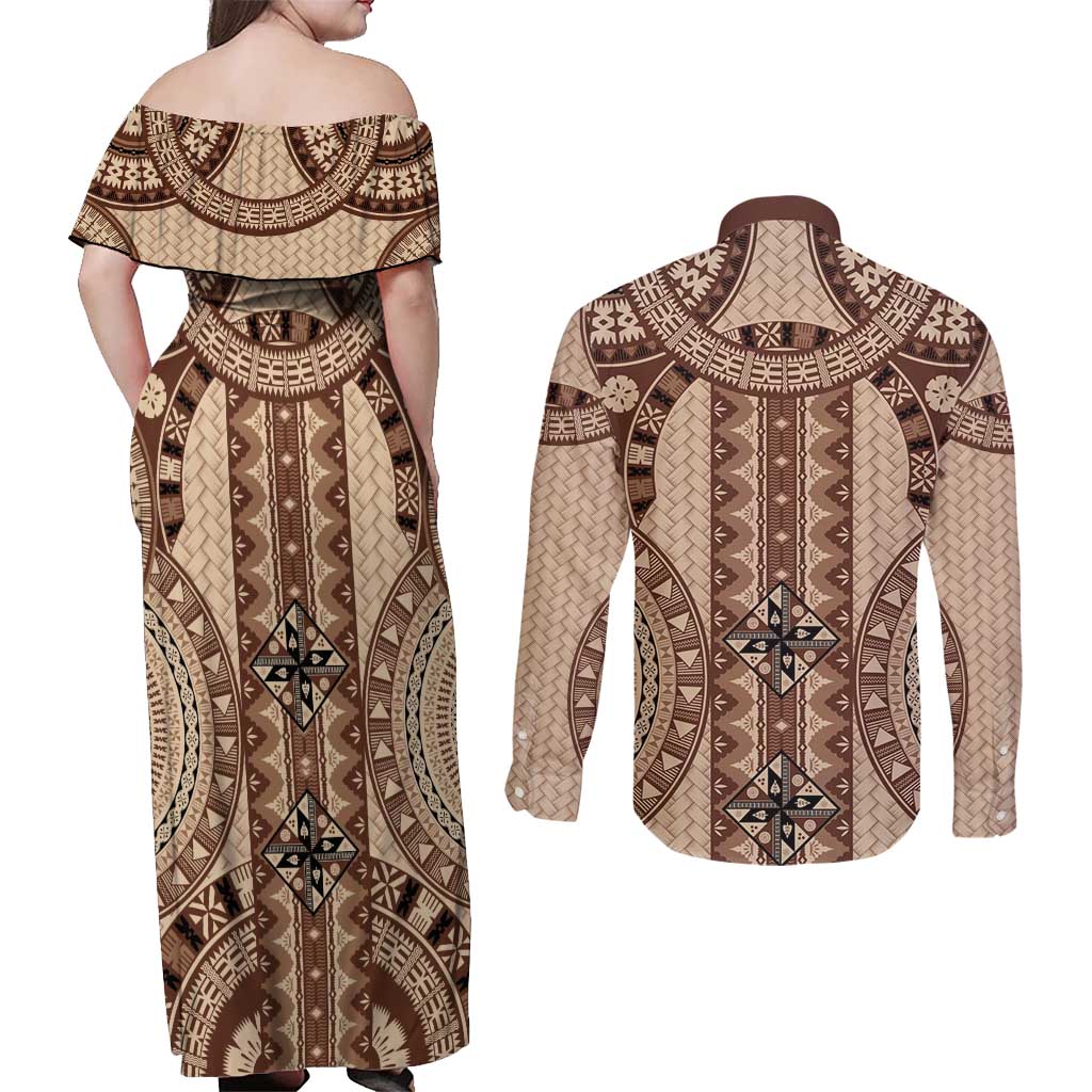 Bula Fiji Vintage Couples Matching Off Shoulder Maxi Dress and Long Sleeve Button Shirt Brown Masi Motifs
