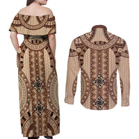 Bula Fiji Vintage Couples Matching Off Shoulder Maxi Dress and Long Sleeve Button Shirt Brown Masi Motifs