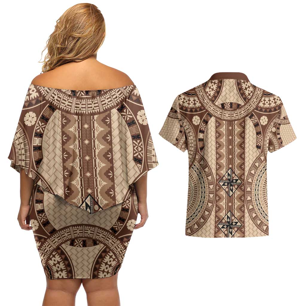 Bula Fiji Vintage Couples Matching Off Shoulder Short Dress and Hawaiian Shirt Brown Masi Motifs