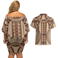 Bula Fiji Vintage Couples Matching Off Shoulder Short Dress and Hawaiian Shirt Brown Masi Motifs