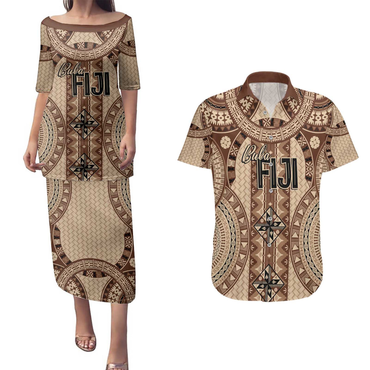 Bula Fiji Vintage Couples Matching Puletasi and Hawaiian Shirt Brown Masi Motifs