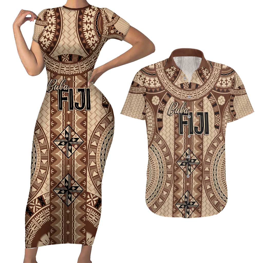 Bula Fiji Vintage Couples Matching Short Sleeve Bodycon Dress and Hawaiian Shirt Brown Masi Motifs