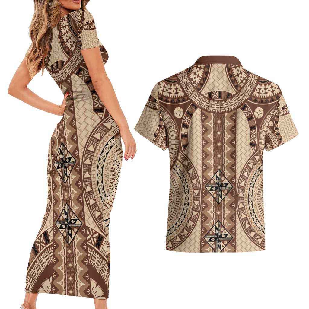 Bula Fiji Vintage Couples Matching Short Sleeve Bodycon Dress and Hawaiian Shirt Brown Masi Motifs