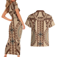 Bula Fiji Vintage Couples Matching Short Sleeve Bodycon Dress and Hawaiian Shirt Brown Masi Motifs