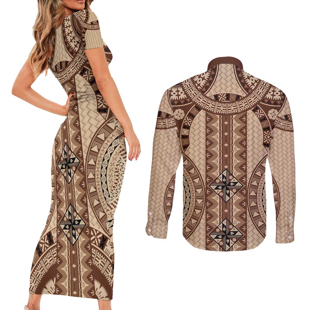 Bula Fiji Vintage Couples Matching Short Sleeve Bodycon Dress and Long Sleeve Button Shirt Brown Masi Motifs