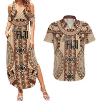 Bula Fiji Vintage Couples Matching Summer Maxi Dress and Hawaiian Shirt Brown Masi Motifs